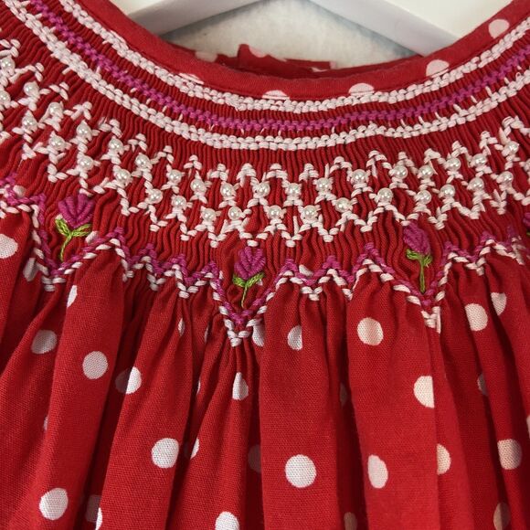 Mom & Me Dress Girls 18 Mos Red Polka Dot Smocked Flowers Short Puff Sleeve - Picture 2 of 5